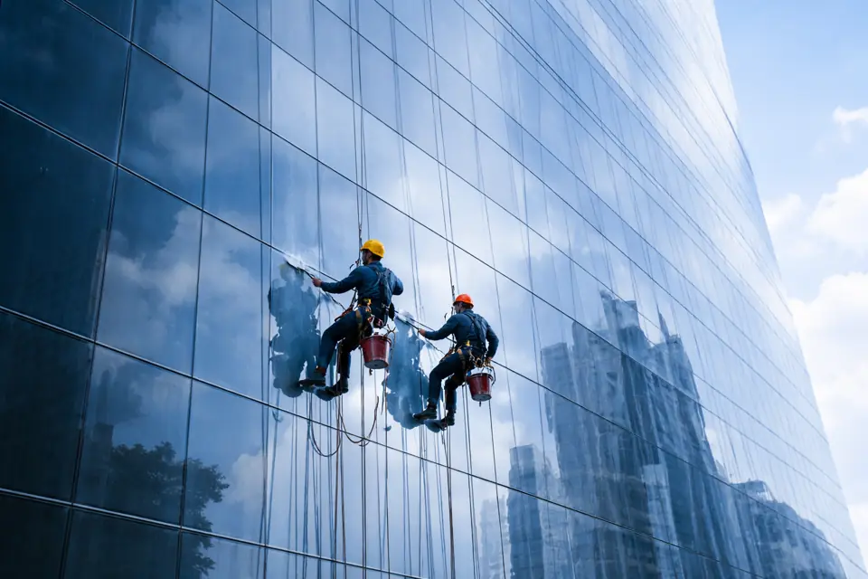 Trabalhadores realizando serviço em fachada
